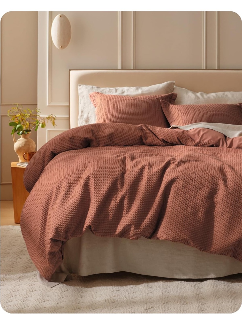NEW Bedsure 100% Cotton Waffle Weave Burnt Orange Duvet Cover King Size, 3 Pcs